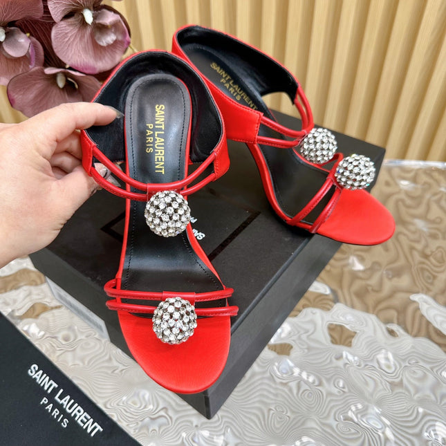 SL POM CIRCLE CRYSTAL HEELED SANDALS RED SATIN