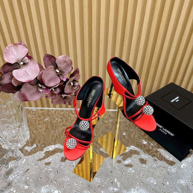 SL POM CIRCLE CRYSTAL HEELED SANDALS RED SATIN