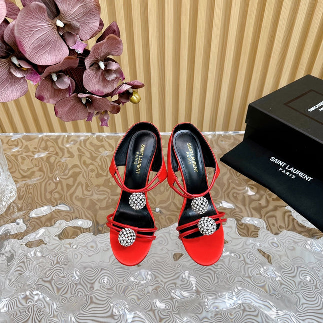SL POM CIRCLE CRYSTAL HEELED SANDALS RED SATIN