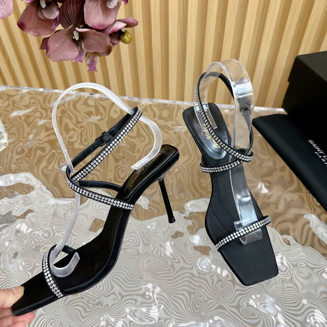 SL STRAP WHITE CRYSTAL HIGH SANDAL BLACK SATIN