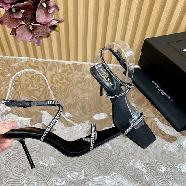 SL STRAP WHITE CRYSTAL HIGH SANDAL BLACK SATIN