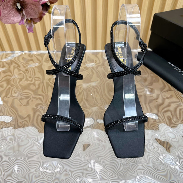 SL STRAP CRYSTAL HIGH SANDAL BLACK SATIN