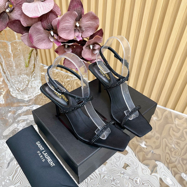 NUIT SANDALS 85 IN BLACK CREPE SATIN AND BLACK RHINESTONES
