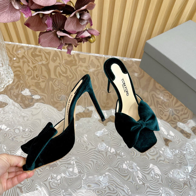 HIGH HEEL 10 MULE IN GREEN FOREST VELVET WITH BOW
