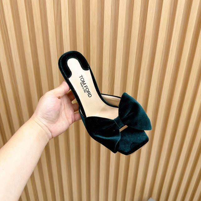 HIGH HEEL 10 MULE IN GREEN FOREST VELVET WITH BOW