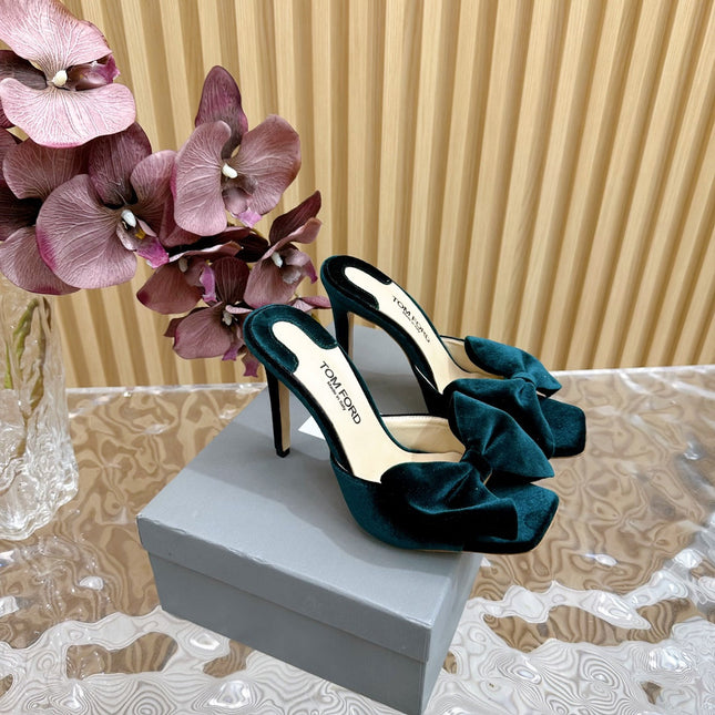 HIGH HEEL 10 MULE IN GREEN FOREST VELVET WITH BOW