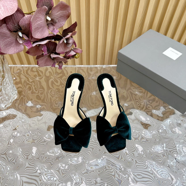 HIGH HEEL 10 MULE IN GREEN FOREST VELVET WITH BOW