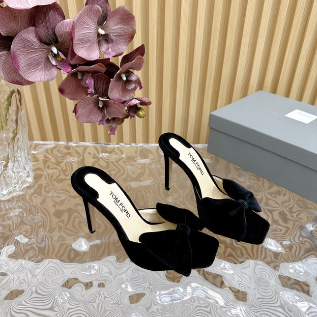 HIGH HEEL 10 MULE IN BLACK VELVET WITH BOW