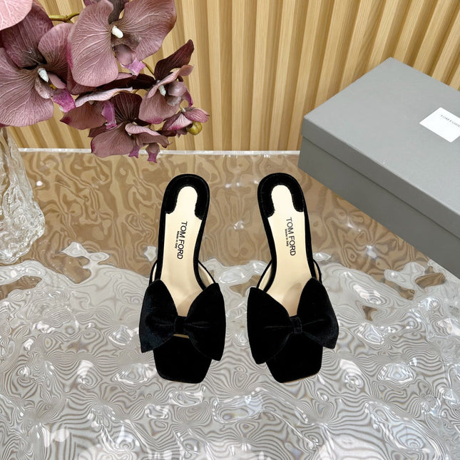 HIGH HEEL 10 MULE IN BLACK VELVET WITH BOW
