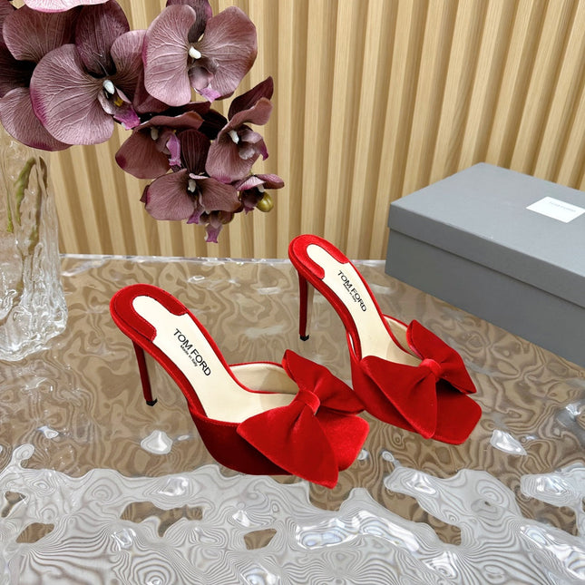HIGH HEEL 10 MULE IN CHERRY RED VELVET WITH BOW
