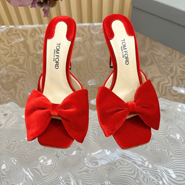 HIGH HEEL 10 MULE IN CHERRY RED VELVET WITH BOW