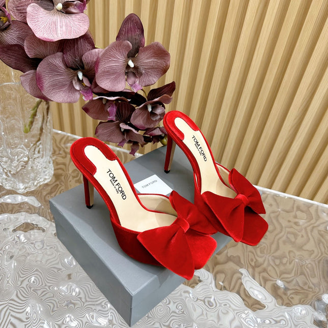HIGH HEEL 10 MULE IN CHERRY RED VELVET WITH BOW