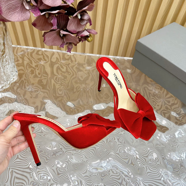 HIGH HEEL 10 MULE IN CHERRY RED VELVET WITH BOW