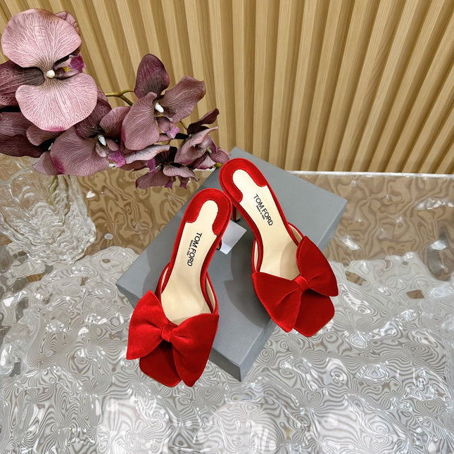HIGH HEEL 10 MULE IN CHERRY RED VELVET WITH BOW