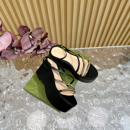 GG PLATFORM SANDAL BLACK CALFSKIN WITH CHAINS