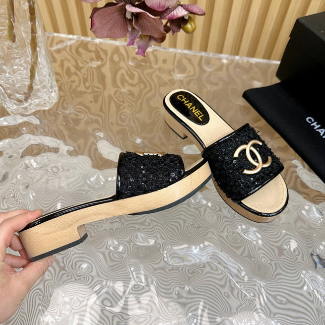 PLATFORM SLIPPERS IN BLACK TWEED AND LAMBSKIN