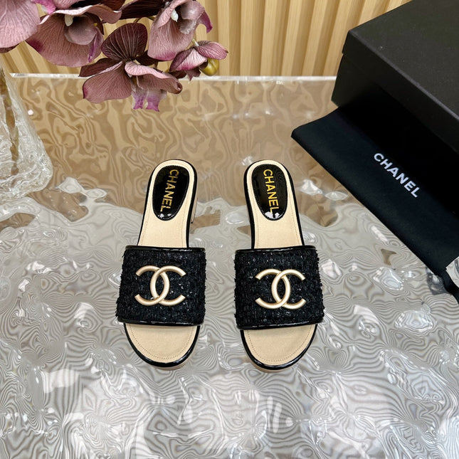 PLATFORM SLIPPERS IN BLACK TWEED AND LAMBSKIN