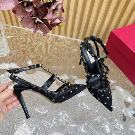 ROCKSTUD MIRROR-EFFECT PUMP WITH MATCHING STRAPS AND STUDS 95 MM BLACK CALFSKIN  AND MESH