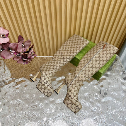 PLATFORM KNEE BOOTS IN ECRU BEIGE MONOGRAM CANVAS AND SHEEPSKIN LINING