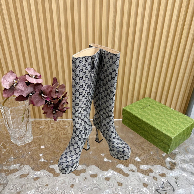 PLATFORM KNEE BOOTS IN LIGHT GRAY MONOGRAM CANVAS AND SHEEPSKIN LINING