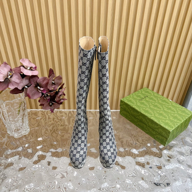 PLATFORM KNEE BOOTS IN LIGHT GRAY MONOGRAM CANVAS AND SHEEPSKIN LINING