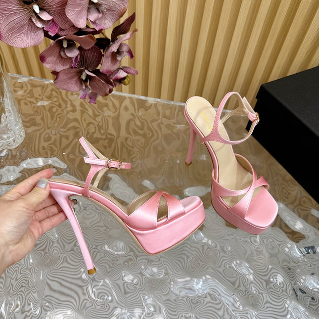 DEBBIE PLATFORM SANDALS IN PALE PINK SILK