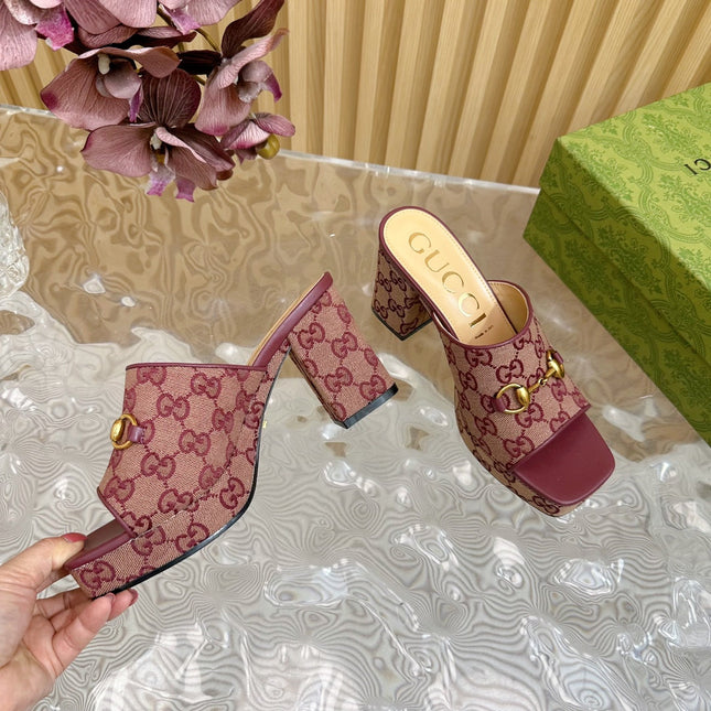 HORSEBIT SLIDE SANDAL IN WINE RED MONOGRAM CANVAS AND SHEEPSKIN LINING