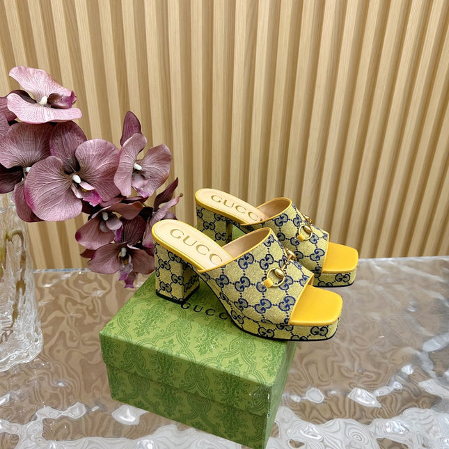 HORSEBIT SLIDE SANDAL IN TUSCANY YELLOW MONOGRAM CANVAS AND SHEEPSKIN LINING