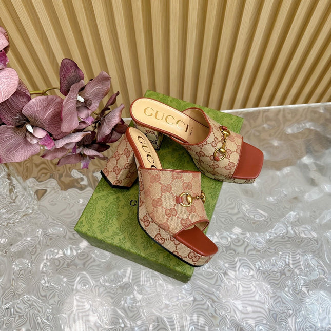 HORSEBIT SLIDE SANDAL IN BRONZE ORANGE MONOGRAM CANVAS AND SHEEPSKIN LINING