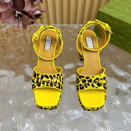 HORSEBIT HIGH-HEEL SANDAL WITH LEOPARD PRINT IN BRIGHT YELLOW VELVET AND CALFSKIN LINING