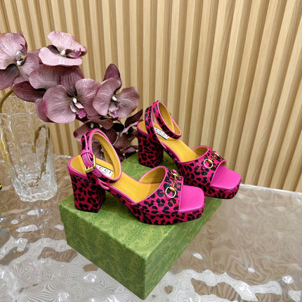 HORSEBIT HIGH-HEEL SANDAL WITH LEOPARD PRINT IN MAGENTA PINK VELVET AND CALFSKIN LINING
