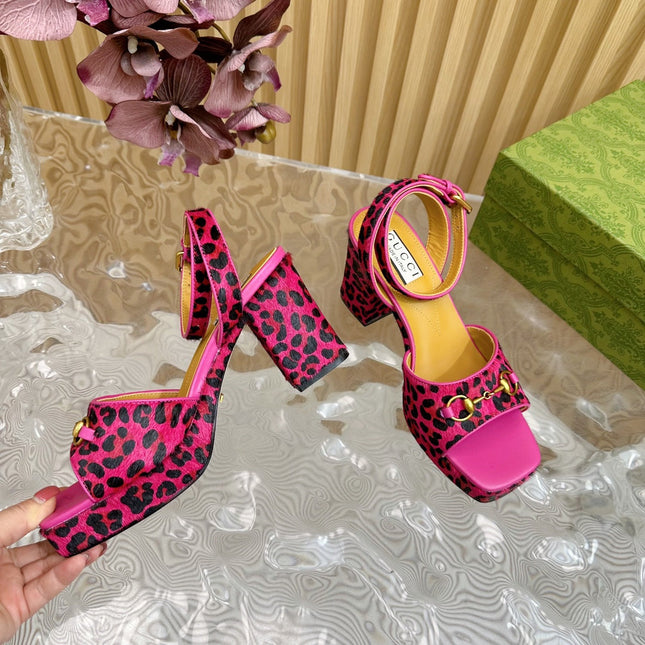 HORSEBIT HIGH-HEEL SANDAL WITH LEOPARD PRINT IN MAGENTA PINK VELVET AND CALFSKIN LINING