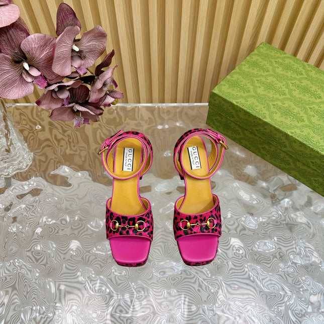 HORSEBIT HIGH-HEEL SANDAL WITH LEOPARD PRINT IN MAGENTA PINK VELVET AND CALFSKIN LINING
