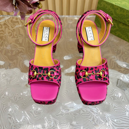 HORSEBIT HIGH-HEEL SANDAL WITH LEOPARD PRINT IN MAGENTA PINK VELVET AND CALFSKIN LINING