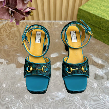 HORSEBIT HIGH-HEEL SANDAL WITH LEOPARD PRINT IN TURQUOISE VELVET AND CALFSKIN LINING