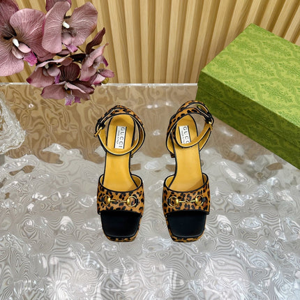 HORSEBIT HIGH-HEEL SANDAL WITH LEOPARD PRINT IN PEANUT BROWN VELVET AND CALFSKIN LINING