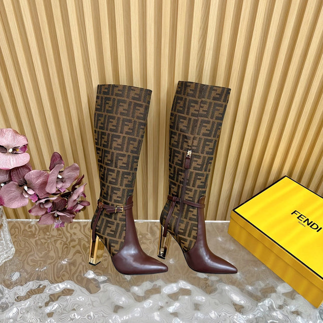 FF BOOTIES HIGH BOOTS IN SANGRIA PURPLE CALFSKIN AND MEDIUM BROWN MONOGRAM FF FABRIC