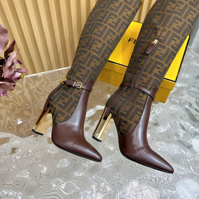 FF BOOTIES HIGH BOOTS IN SANGRIA PURPLE CALFSKIN AND MEDIUM BROWN MONOGRAM FF FABRIC
