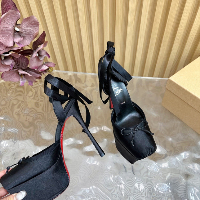 CASSIA LACE UP PLATFORM 155MM IN BLACK SATIN