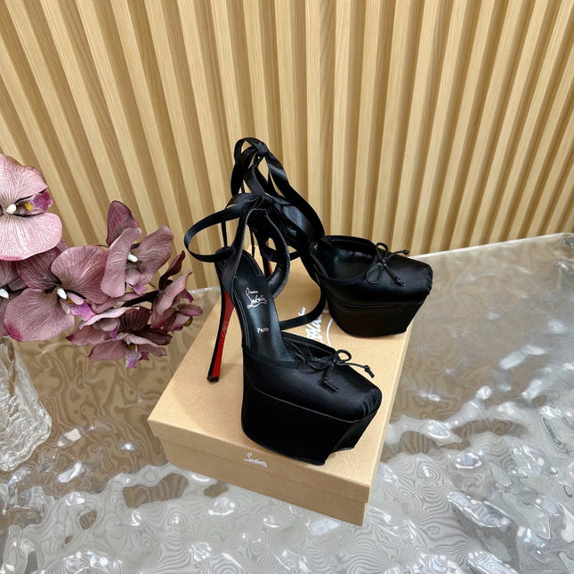 CASSIA LACE UP PLATFORM 155MM IN BLACK SATIN