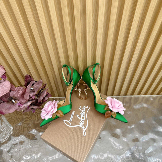 PINK BELLAROSE STRAP PUMPS 110MM IN GREEN CREPE SATIN