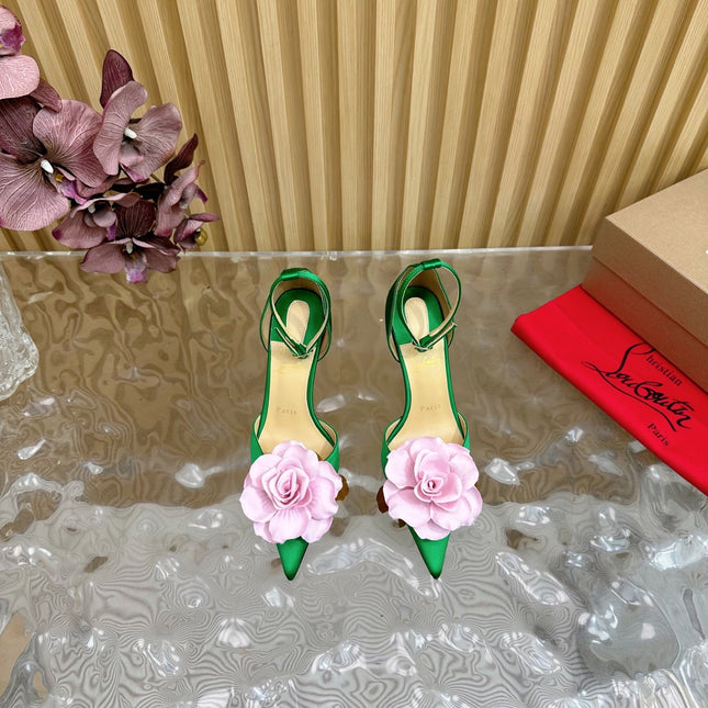 PINK BELLAROSE STRAP PUMPS 110MM IN GREEN CREPE SATIN