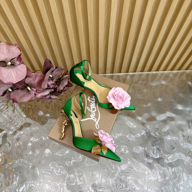 PINK BELLAROSE STRAP PUMPS 110MM IN GREEN CREPE SATIN