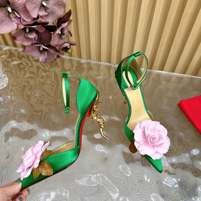 PINK BELLAROSE STRAP PUMPS 110MM IN GREEN CREPE SATIN