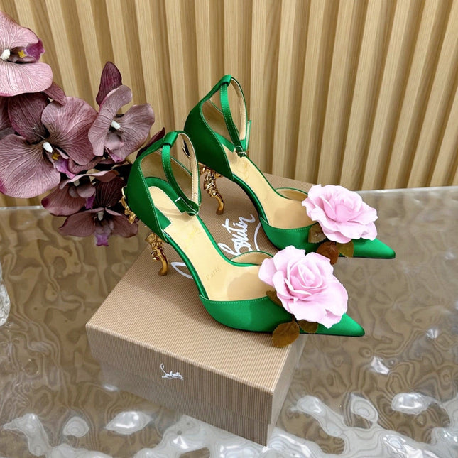 PINK BELLAROSE STRAP PUMPS 110MM IN GREEN CREPE SATIN