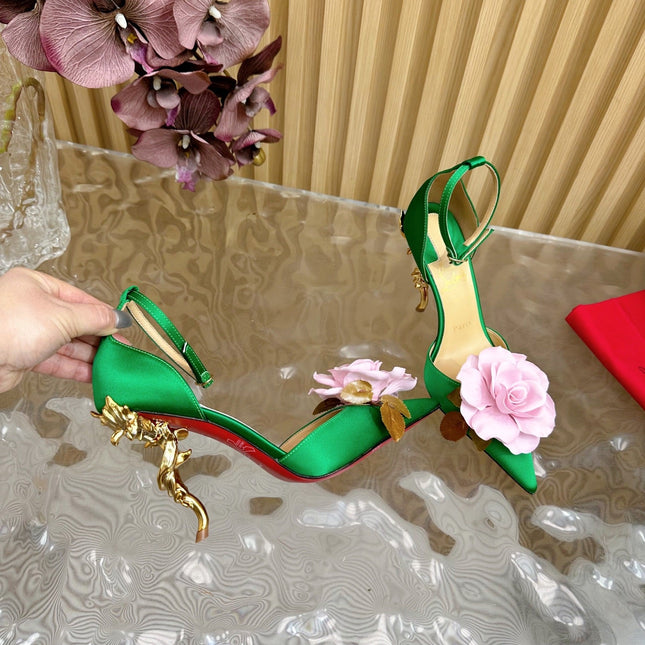 PINK BELLAROSE STRAP PUMPS 110MM IN GREEN CREPE SATIN