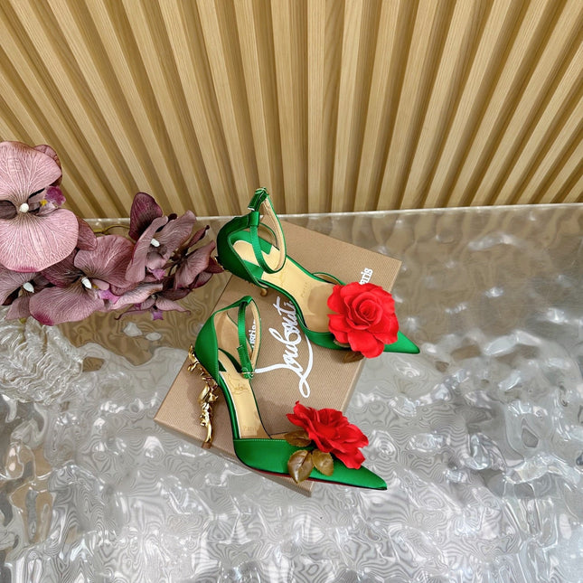 RED BELLAROSE STRAP PUMPS 110MM IN GREEN CREPE SATIN