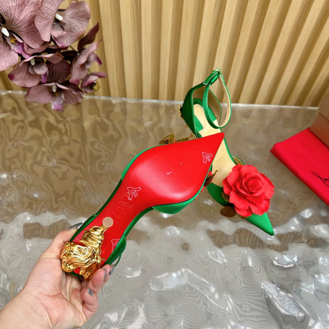 RED BELLAROSE STRAP PUMPS 110MM IN GREEN CREPE SATIN