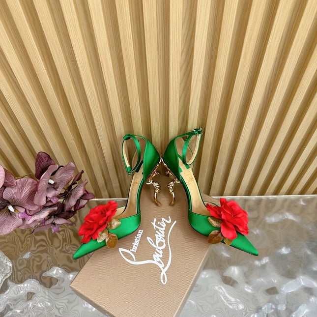 RED BELLAROSE STRAP PUMPS 110MM IN GREEN CREPE SATIN