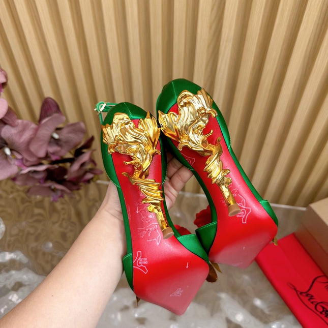 RED BELLAROSE STRAP PUMPS 110MM IN GREEN CREPE SATIN